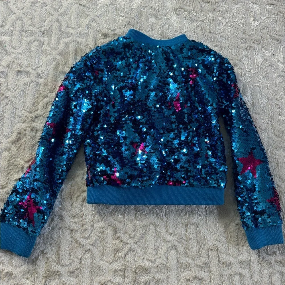 JoJo's Closet Flip Sequin Bomber Jacket Blue With Pink Stars size 4/5